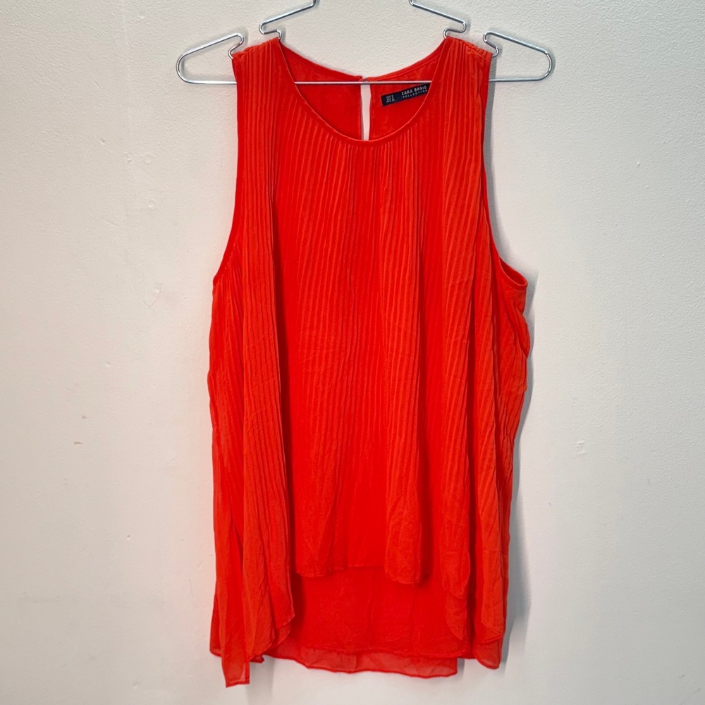 Zara Pleated Top Sleeveless Tank Top Flowy Blouse Small Red Orange